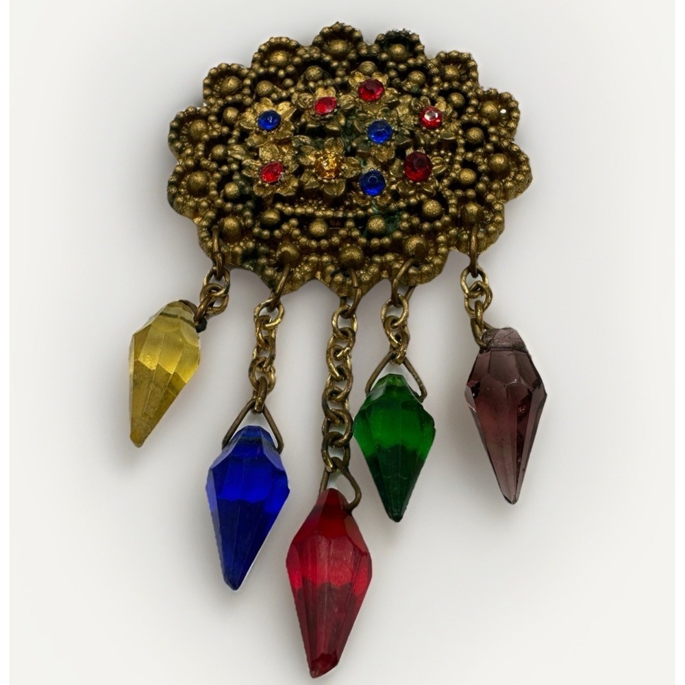Vintage Resin Dangle Brooch Multicolor Faceted Glass Drops Gold Tone